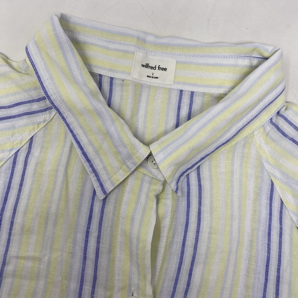 Wilfred Free Button Down Shirt Women Large Yellow Blue Striped Linen Blend 97110